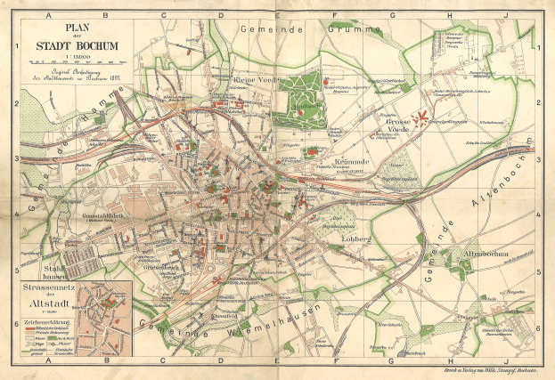 Ein detaillierter alter Stadtplan von Bochum, Deutschland, der Straßen, Gebäude und Sehenswürdigkeiten mit Text und Zahlen zeigt.