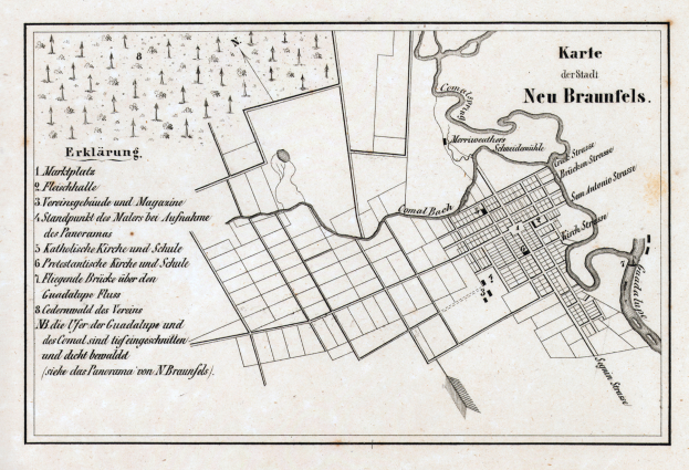 Ein detailliertes altes Stadtplan von New Braunfels, Deutschland, zeigt Straßen, Gebäude und Sehenswürdigkeiten mit Textanmerkungen.