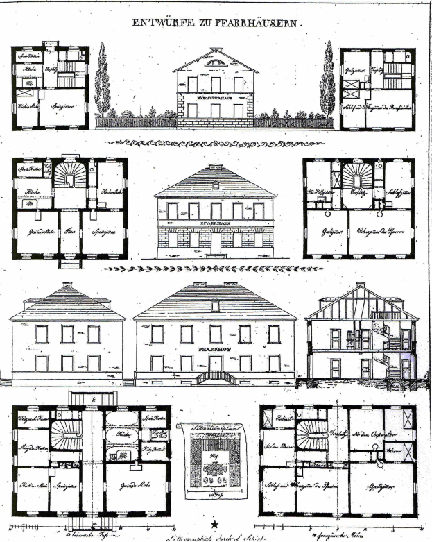 Schwarzes und weißes architektonisches Zeichnung eines Hauses mit zahlreichen Fenstern, beschriftet mit "Pläne für ein Haus in Deutschland", umgeben von Bäumen.
