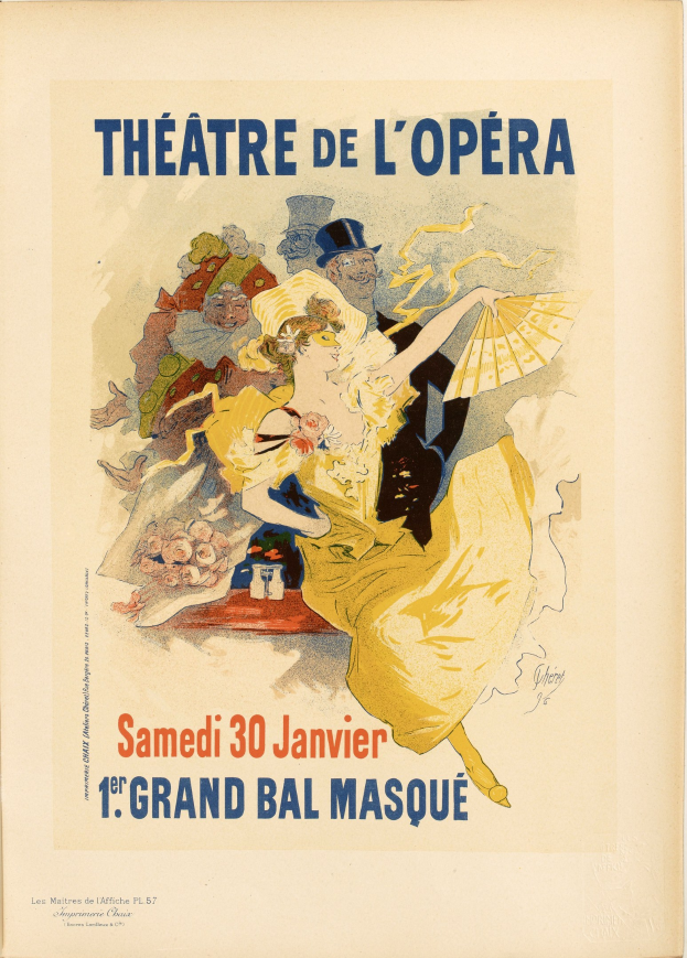 Ein Plakat für das Théâtre de l'Opéra in Paris, das eine Frau in einem weißen Kleid mit einem blauen Schal zeigt, deren Haar zu einem Dutt gebunden ist, mit der Aufschrift "Theater der Oper" in fetter schwarzer Schrift vor einem tiefblauen Hintergrund mit funkelnden Sternen.