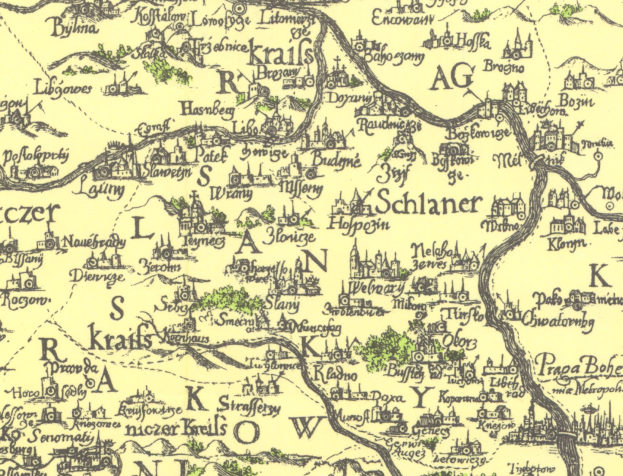 Ein detaillierter Stadtplan von Schlaner, Deutschland, der Straßen, Gebäude, Sehenswürdigkeiten und Illustrationen von Bäumen und Gebäuden zeigt.