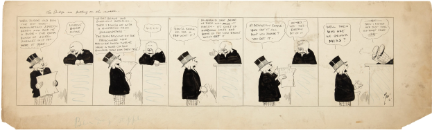 Cartoon eines Mannes in Zylinder und einer Frau in einem Kleid, die in einer Diskussion vertieft sind, wobei der Mann ein Blatt Papier hält.