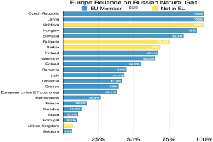 Eine Balkendiagramm, das den prozentualen Anteil der natürlichen Gasimporte aus Russland in Europa zeigt, mit Text, der die Investitionsprozentsätze im Land angibt.
