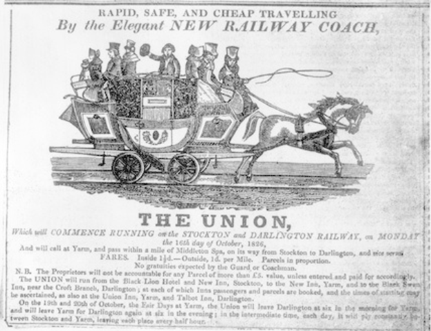 Schwarze und weiße Zeitungsanzeige der Gewerkschaft, die eine Kutsche mit mehreren Personen zeigt, die darin sitzen, begleitet von Text, der das Ereignis beschreibt.