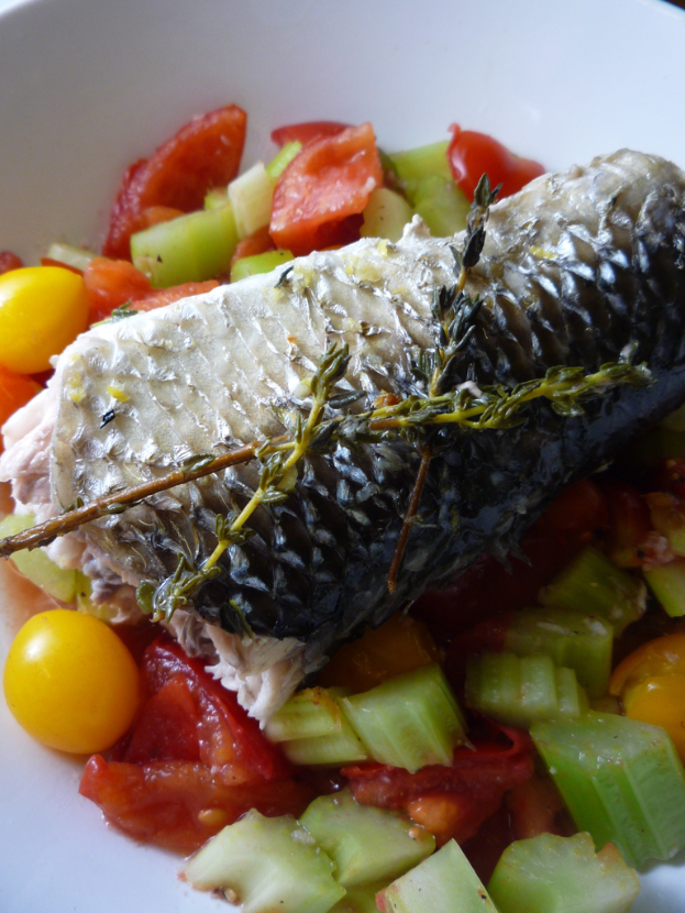 Ein Teller mit verschiedenen Gemse und einem Fleischstck.
