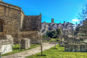 Ein Wohngebiet mit Häusern, Gebäuden und Grünanlagen einschließlich Pflanzen, Bäumen und Gras.