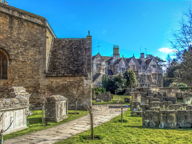 Ein Wohngebiet mit Häusern, Gebäuden und Grünanlagen einschließlich Pflanzen, Bäumen und Gras.