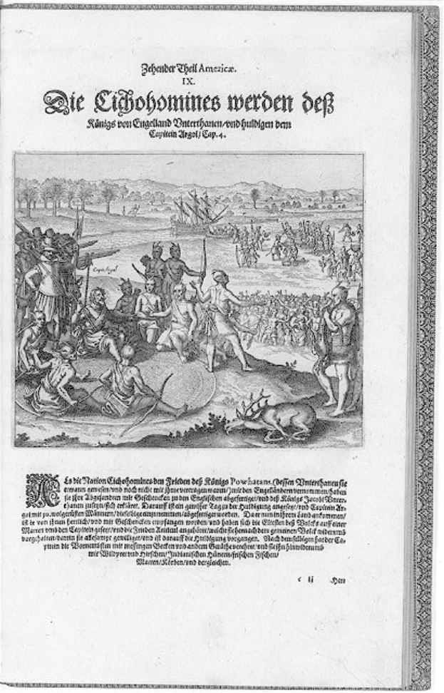 Ein altes Buch mit einer Schwarz-Weiß-Zeichnung von verzweifelten Menschen, betitelt mit "Das Ende des Reichs", vor einer kargen Landschaft mit fernen Bäumen und Bergen.