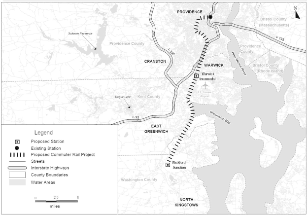 Schwarze und weiße Stadtkarte mit einem Fluss, betitelt "Vorgeschlagenes S-Bahn-Projekt", zeigt Straßen, Autobahnen und städtische Merkmale.