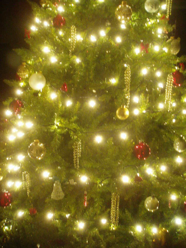 Ein Weihnachtsbaum mit Lichtern, Schmuck und verschiedenen Dekorationen.