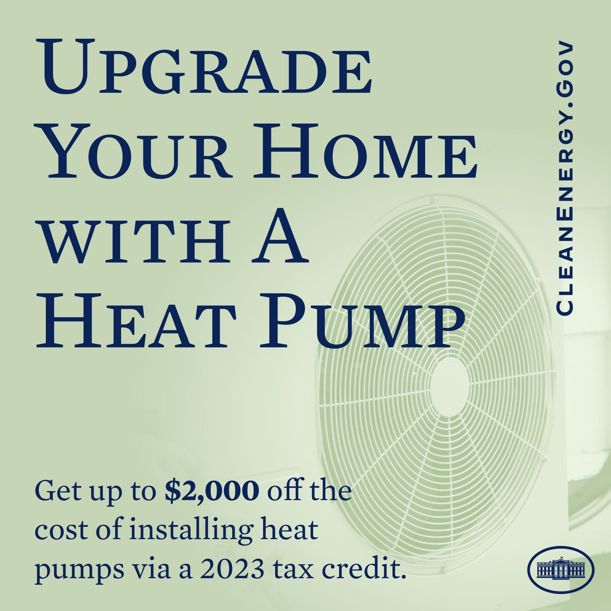 Plakat für die Modernisierung von Heizpumpen mit einem Bild einer Heizpumpe und dem Text "Upgrade Your Home with a Heat Pump."