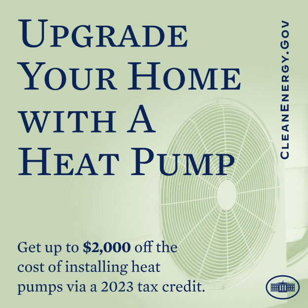 Plakat für die Modernisierung von Heizpumpen mit einem Bild einer Heizpumpe und dem Text "Upgrade Your Home with a Heat Pump."