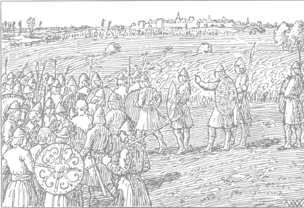 Eine Schwarz-Weiß-Zeichnung einer Gruppe von Menschen auf einem Feld, einige halten Waffen und Schilde, mit Bäumen und Gebäuden im Hintergrund und dem Text 'Die Schlacht von Leipzig' unten.