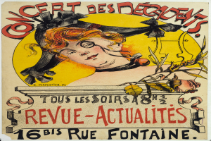 Ein Plakat, das ein Konzert der Decadents ankündigt und eine Frau mit einem menschlichen Gesicht zeigt sowie Textinformationen zum Event enthält.