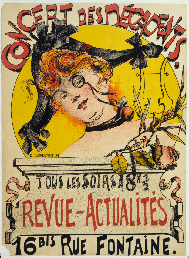 Ein Plakat, das ein Konzert der Decadents ankündigt und eine Frau mit einem menschlichen Gesicht zeigt sowie Textinformationen zum Event enthält.