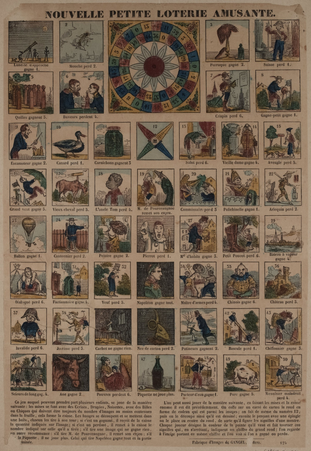 Ein abgenutztes Buch mit mehreren Illustrationen, darunter ein kreisförmiges Glücksrad umgeben von Text.