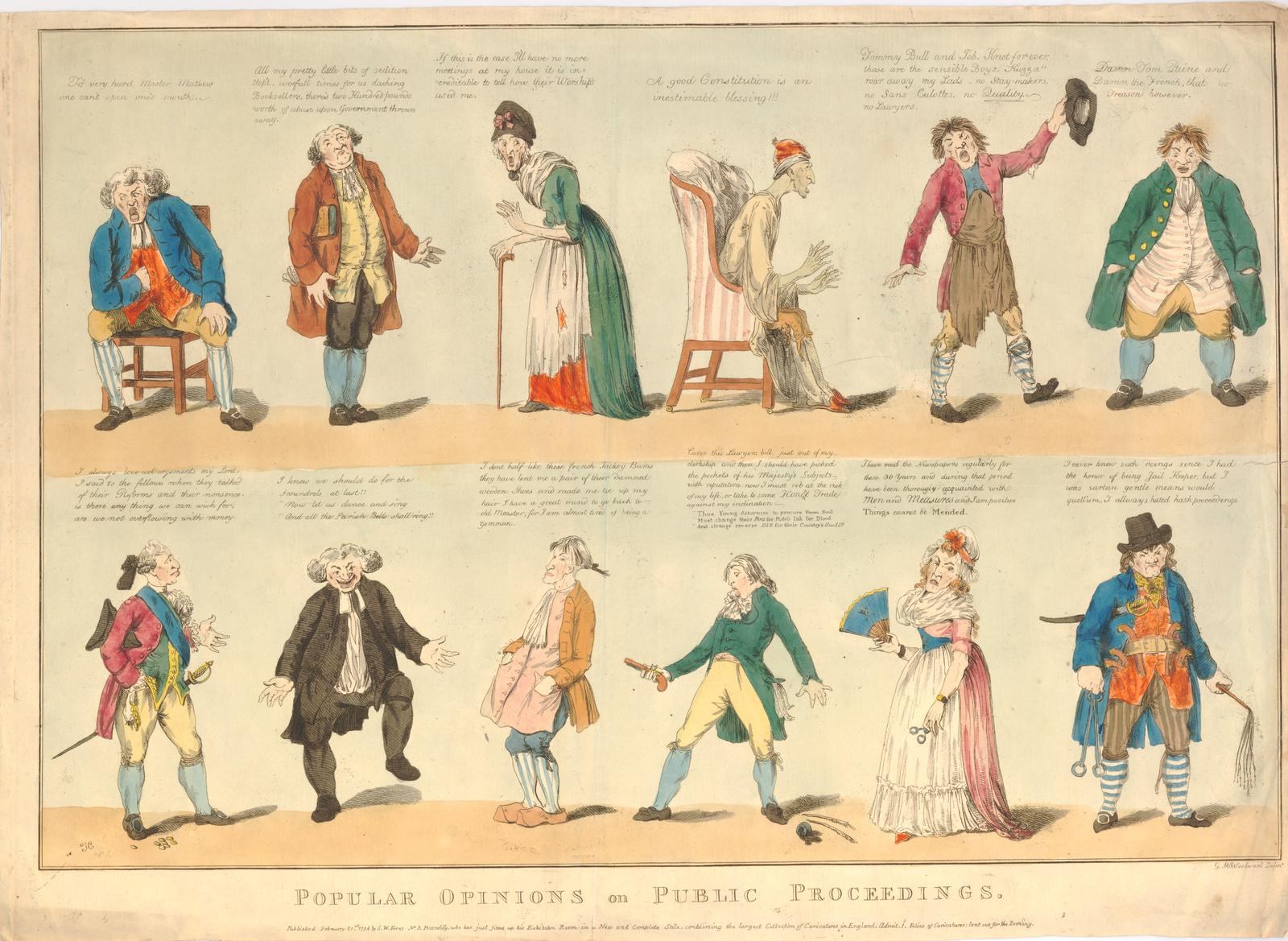 Papier mit Abbildungen von Menschen und handgeschriebenem Text, der öffentliche Meinungen zu rechtlichen Verfahren zusammenfasst.