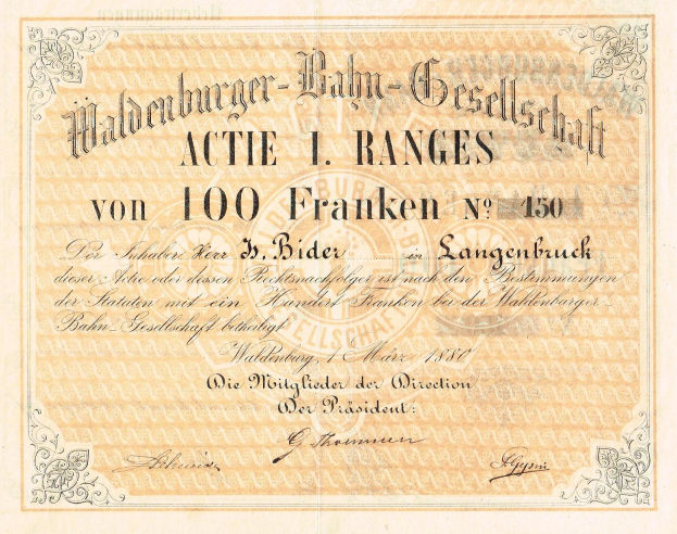 Eine alte deutsche Banknote mit dem Porträt eines Mannes und dem Text "Haldenburger-Balm Gesellschaft Actie 1 Ranges"