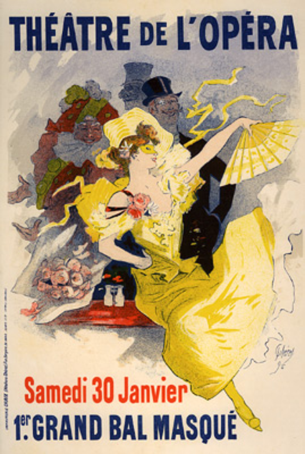 Ein Plakat für das Théâtre de l'Opéra in Paris, das eine Frau in einem gelben Kleid zeigt, umgeben von anderen Menschen und Text.