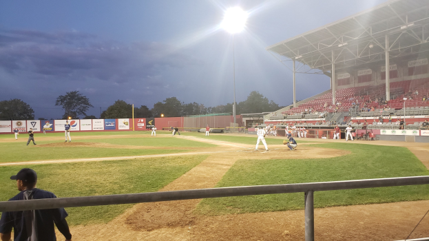 Baseballspiel im Gange mit Zuschauern auf den RÀngen, StadiongelÀnder im Vordergrund, Hintergrund enthÀlt BÀume, MÀste, Lichter, Werbetafeln und blauen Himmel.