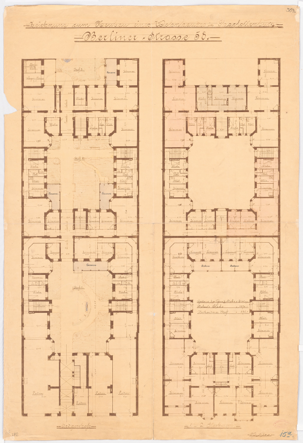 Ein detaillierter Grundrissplan des Erdgeschosses von Berliner Straße 58, der mehrere Räume und begleitenden Text enthält.