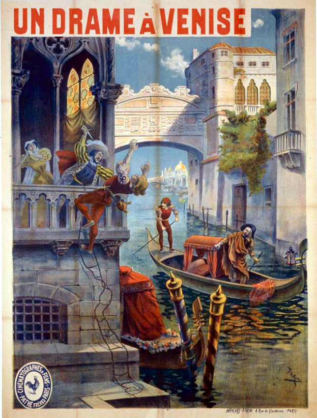 Ein Filmplakat mit Menschen in einem Boot auf dem Wasser mit Gebäuden, Bäumen und einer Brücke im Hintergrund, in Venedig, Italien, mit beschreibendem Text.