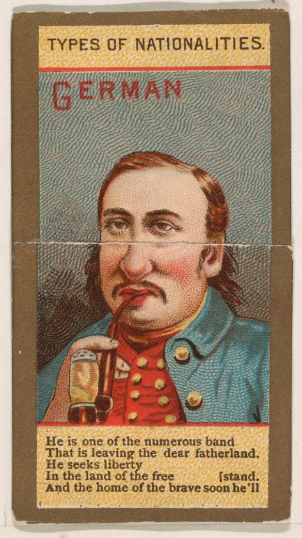 Plakat eines Mannes in deutscher Militärmontur mit einem Glas Bier in der Hand, mit der Aufschrift "Deutscher".