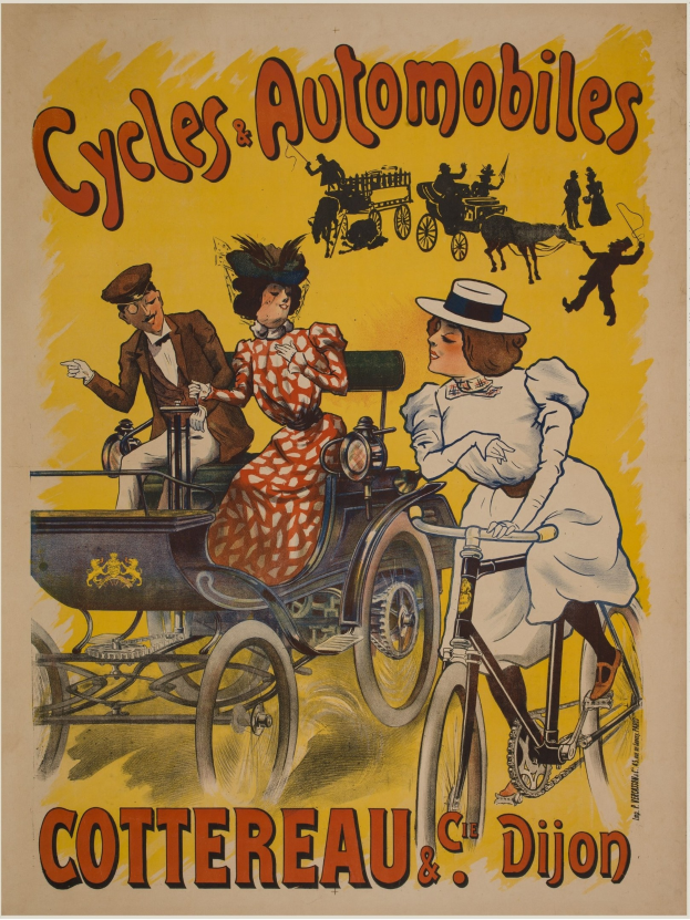 Plakat zur Ankündigung von Fahrrädern und Automobilen in Cottereau und Dijon, Frankreich, mit Menschen auf Fahrrädern und einer Kutsche mit dem Text "Fahrräder und Automobile" oben.