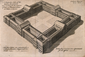 Eine Zeichnung des Royal Hospital in London, ein großes Gebäude mit vielen Fenstern, begleitet von Text, der weitere Informationen liefert.