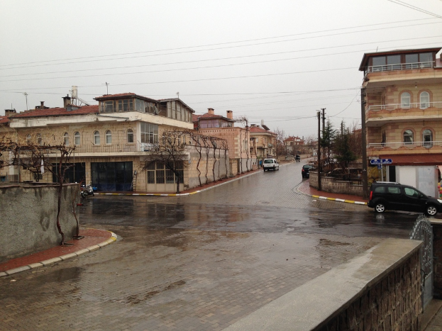 Eine Stadtansicht mit Fahrzeugen auf Straßen, Gebäuden, Bäumen, Strommasten mit Kabeln, Geländern und Himmel.