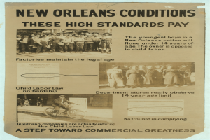 Ein Plakat mit Text und Bildern von Menschen, darunter einer auf einem Fahrrad, mit der Aufschrift "New Orleans Bedingungen: Diese hohen Standards zahlen sich aus."