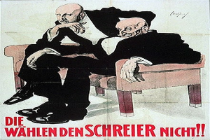 Deutsches Propagandaplakat der NSDAP mit zwei Männern auf einem Sofa und Text auf dem Plakat.