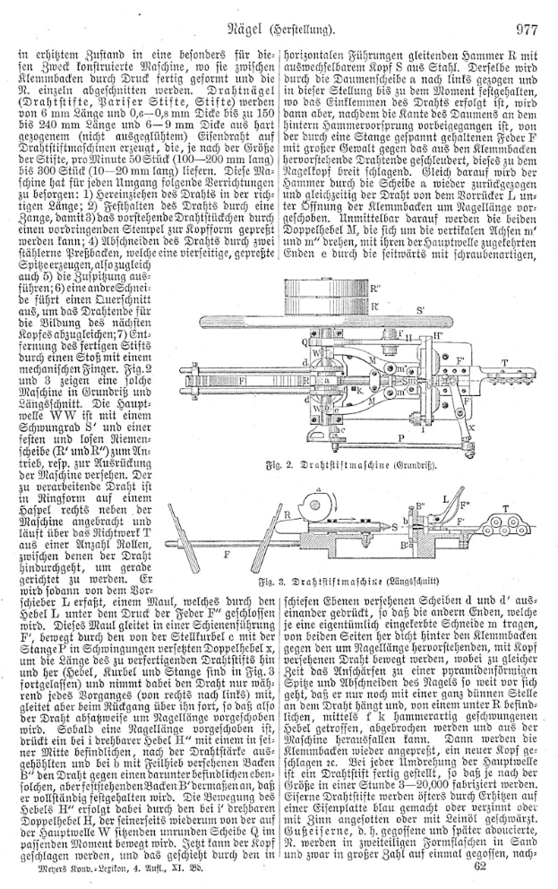 Schwarz-weiß-Seite aus einem Buch mit einer deutschen Patentzeichnung (977,977) in der Mitte und mehreren kleineren Bildern desselben Maschinen.