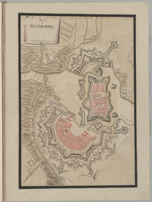 Ein altes Buch mit einer detaillierten Karte von Rensburg, Deutschland, mit Stra├čen, Geb├Ąuden und Landmarken, begleitet von Text ├╝ber die Bev├Âlkerung, Geschichte und Kultur der Stadt.