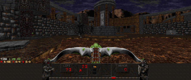 Ein Dungeon in *Dungeon Master II* mit einem Drachen in der Mitte, umgeben von Wänden, Säulen und Gegenständen, mit spielbezogenen Texten und Zahlen unten.