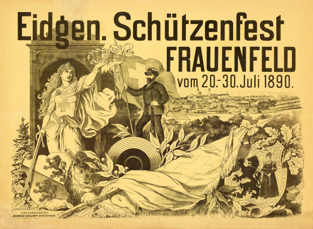 Ein Vintage-Plakat, das das Eidgen Schützenfest in Frauenfeld, Deutschland, bewirbt, zeigt einen Mann im Anzug und eine Frau in einem Kleid nebeneinanderstehend, mit Details des Ereignisses darauf geschrieben.