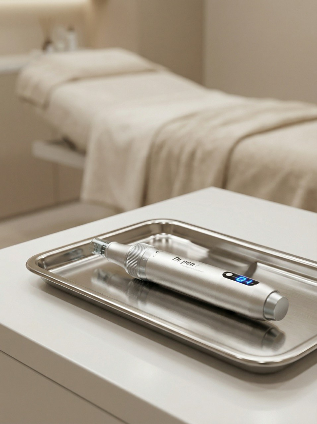 Ein Microneedling-Gerät auf einem sterilen Tablett in einem modernen Kosmetikstudio vorbereitet.