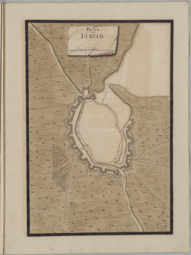An old book with a detailed map of Lübeck, Germany, showing streets, buildings, and landmarks, accompanied by text about the city's population, history, and culture.