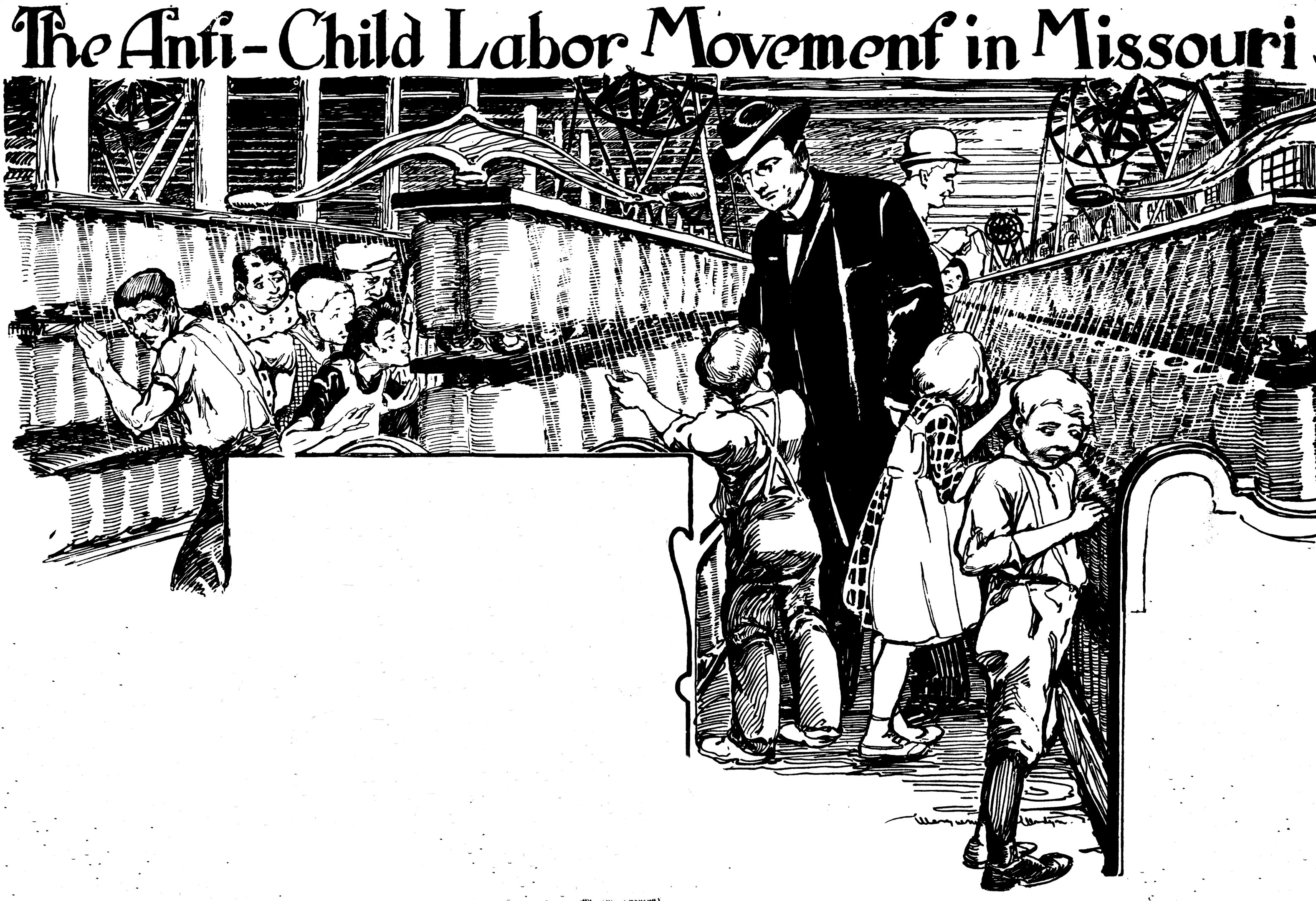 Plakat für die Anti-Kinderarbeit-Bewegung in Missouri, das besorgte Menschen in traditioneller Kleidung mit Text oben und unten zeigt.