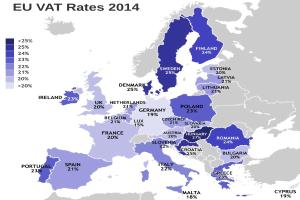 Eine Karte von Europa, die die EU-Mehrwertsteuersätze für 2014 mit Prozentwerten und Textbeschriftungen anzeigt.