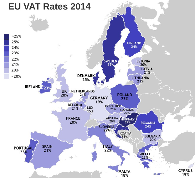 Eine Karte von Europa, die die EU-Mehrwertsteuersätze für 2014 mit Prozentwerten und Textbeschriftungen anzeigt.