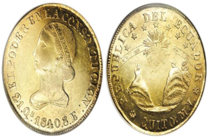 Eine Goldmünze aus Ecuador aus dem Jahr 1848, die ein Porträt der Queen Victoria auf der Vorderseite und Text und Zahlen auf der Rückseite zeigt, vor einem weißen Hintergrund.