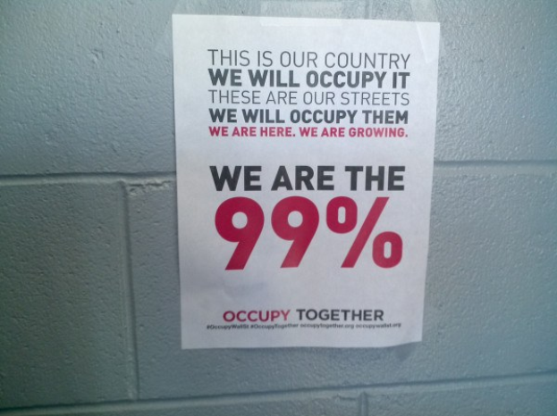 Ein Plakat an einer Wand mit fettem schwarzem Text, der "Occupy Wall Street" und "Wir sind die 99%" lautet.