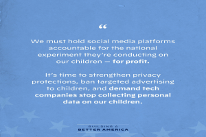Plakat mit einem Zitat aus Building a Better America, das fordert, dass soziale Medienplattformen für das Experimentieren an Kindern zum Profit zur Rechenschaft gezogen werden müssen, dekoriert mit Sternen.