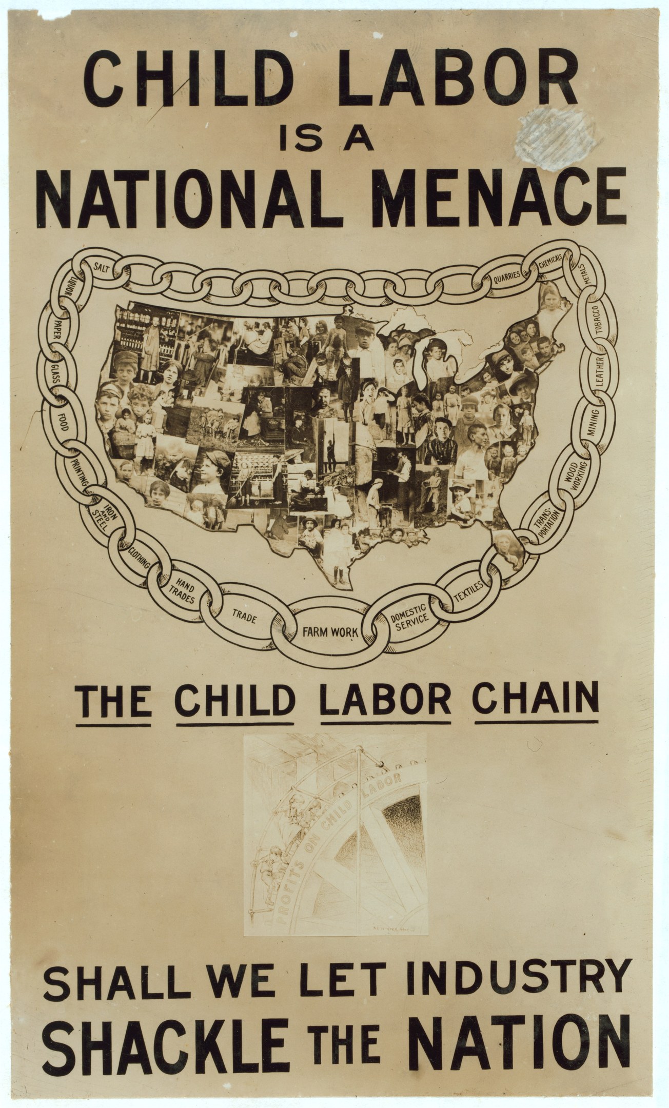 Plakat mit der Aufschrift 'Kinderaert ist eine nationale Gefahr - Sollen wir die Industrie das Land fesseln lassen?' in fetter schwarzer Schrift auf einem weißen Hintergrund, das eine vielseitige Gruppe von Menschen zeigt, die gemeinsam stehen.