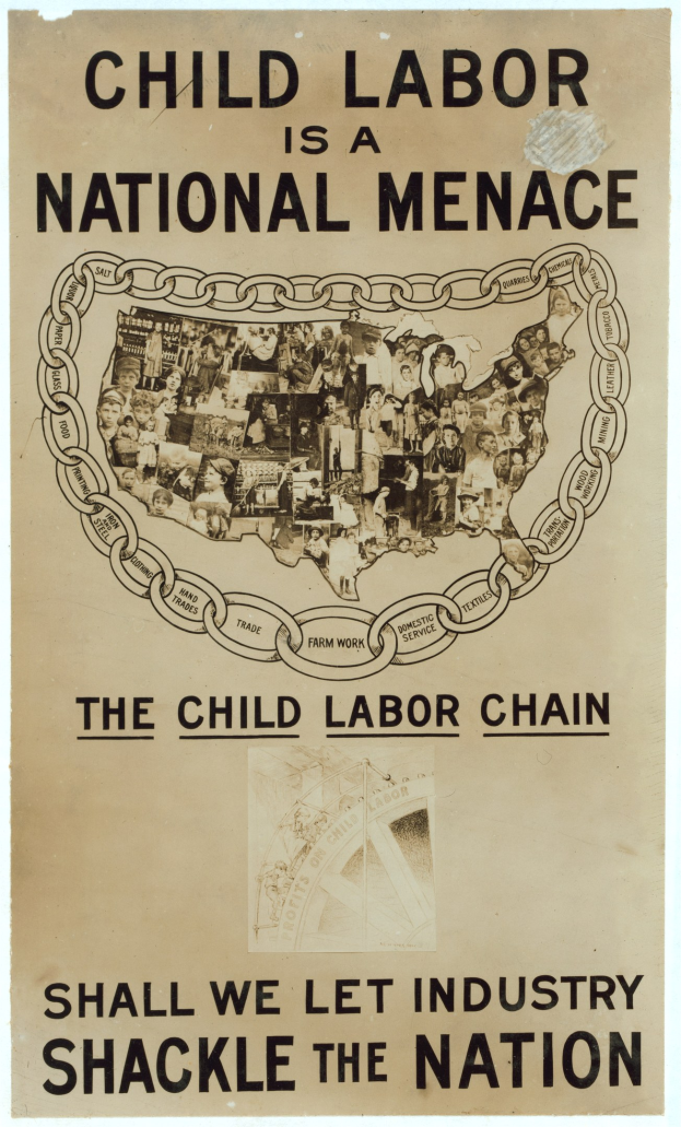 Plakat mit der Aufschrift 'Kinderaert ist eine nationale Gefahr - Sollen wir die Industrie das Land fesseln lassen?' in fetter schwarzer Schrift auf einem weißen Hintergrund, das eine vielseitige Gruppe von Menschen zeigt, die gemeinsam stehen.