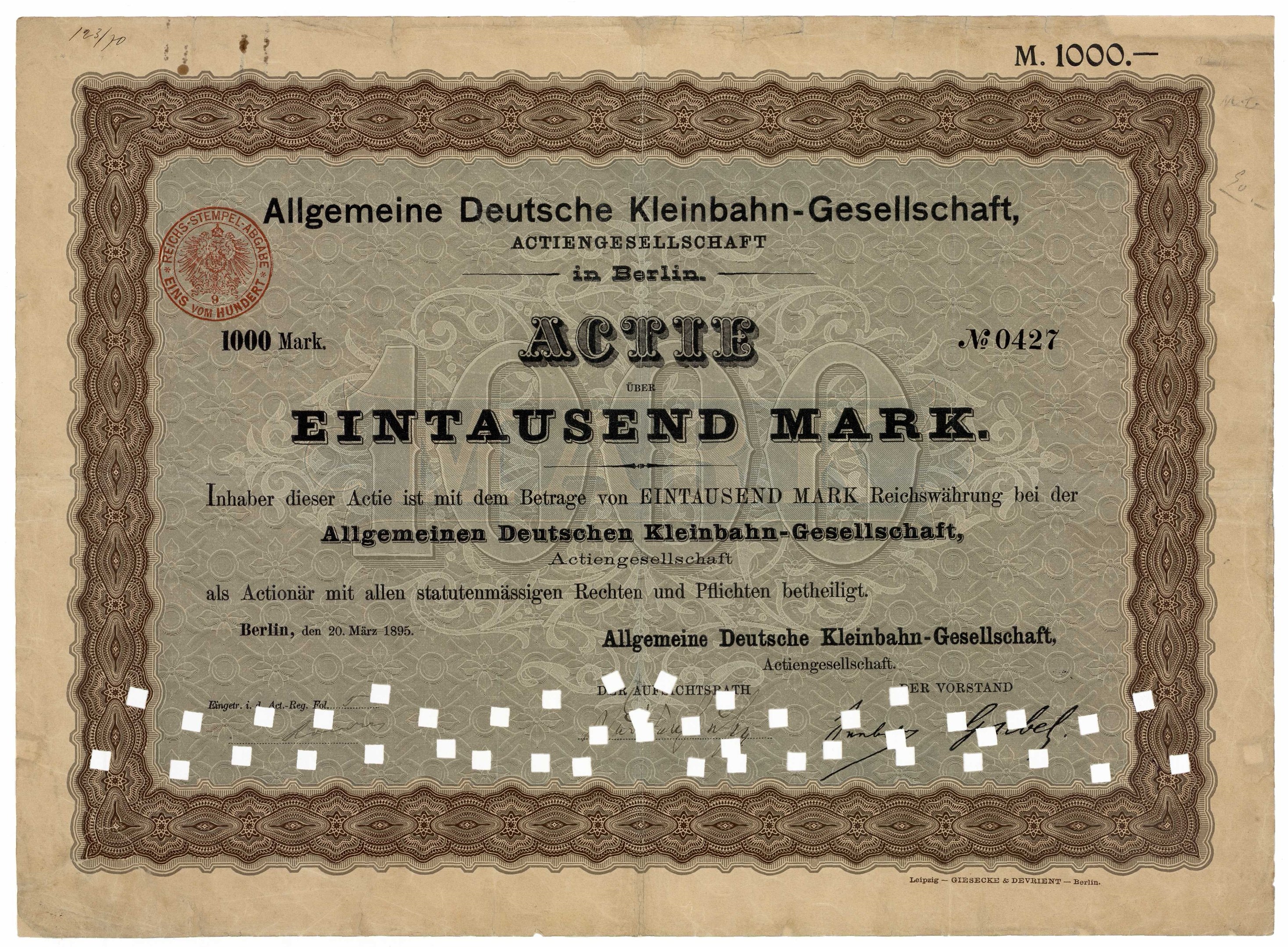 Altes deutsches Regierungsaktienzertifikat mit gedrucktem Text und einem offiziellen Stempel.