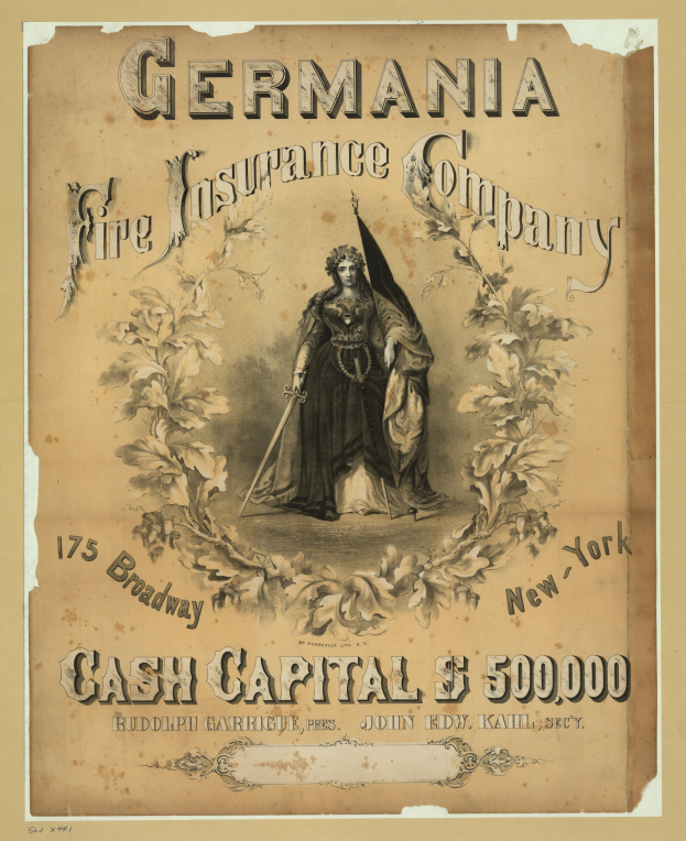 Eine Werbeanzeige aus der Vergangenheit für die Germania-Feuer-Versicherungsgesellschaft, die ein zentrales Bild einer Frau zeigt, mit Text, der die Dienstleistungen der Gesellschaft beschreibt.