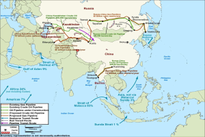 Eine detaillierte Weltkarte, die geplante Öl- und Gasrohrleitungen zeigt, mit Ländern, Großstädten, Gewässern und begleitendem Text, der die Zwecke und Vorschläge der Rohrleitungen beschreibt.