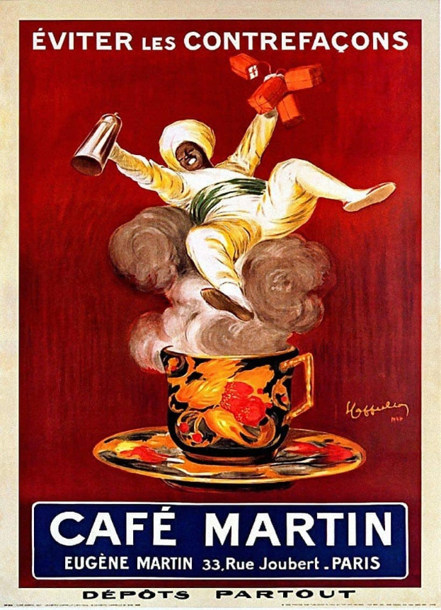 Plakat für Café Martin in Paris mit einer Person, die eine Tasse Kaffee hält, und der fetten Schrift "Café Martin" darüber.